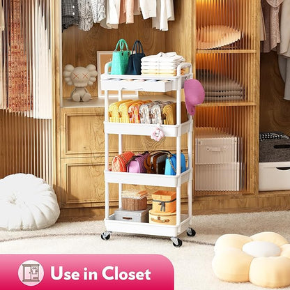 SUNALLY Makeup Cart Organizer with Drawers, 4 Tier Floor Skincare Organizers for Vanity, Rolling Makeup Bathroom Storage Cart Cosmetics Display Cases for Skin Care Perfume Nail Polish, White