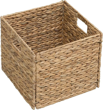 eHemco Large Square Woven Hyacinth Wicker Pantry Storage Baskets with Iron Wire Frame, 11"x11"x10", Natural, Set of 6