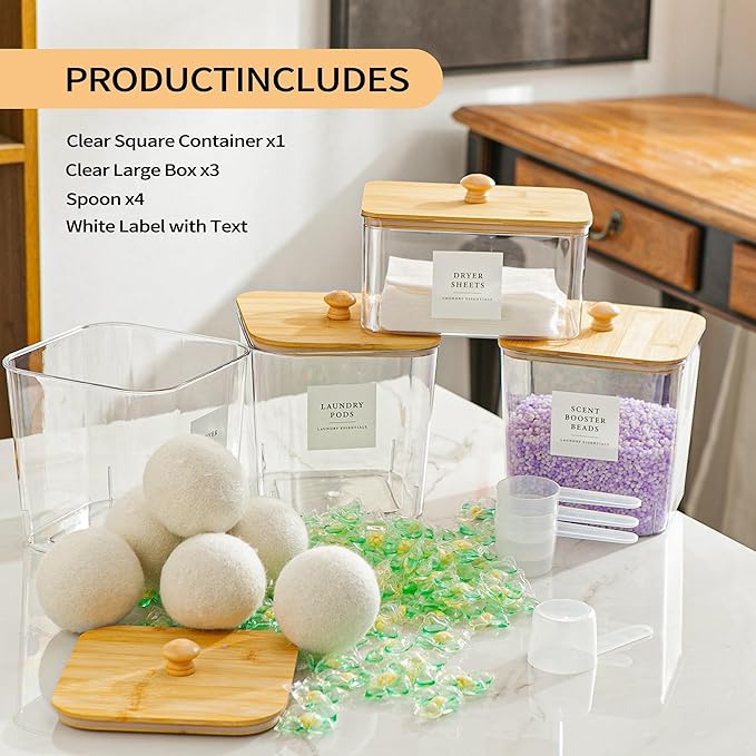 3+1 Pack Laundry Pods Container & Dryer Sheet Holder, Acrylic Square Laundry Room Organization and Storage Jars with Wooden Lids & Labels for Powder, Scent Booster, Detergent