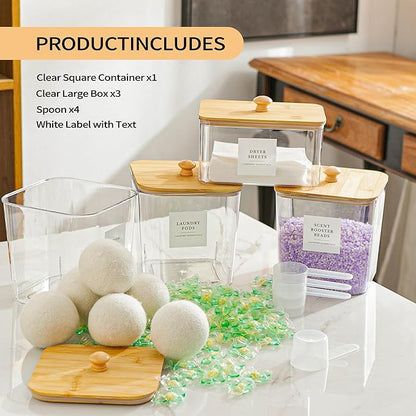 3+1 Pack Laundry Pods Container & Dryer Sheet Holder, Acrylic Square Laundry Room Organization and Storage Jars with Wooden Lids & Labels for Powder, Scent Booster, Detergent