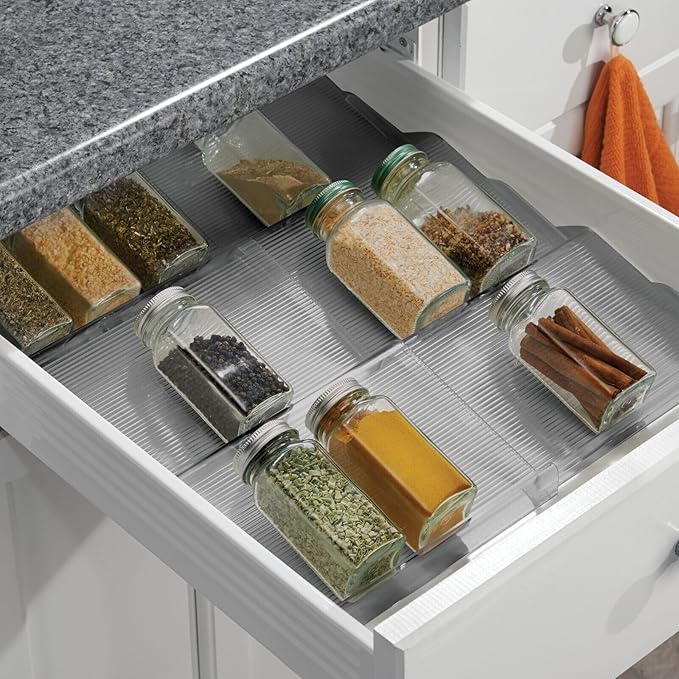 mDesign Expandable Plastic Deluxe Spice Rack, Drawer Organizer for Kitchen Cabinet Drawers, 3 Tier Slanted for Spice Jars, Food Seasoning Bottle Storage, Ligne Collection - Smoke Gray