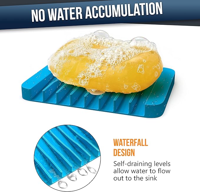 ZAPPOWARE Self Draining Soap Dish for Bar Soap - Pack of 2 Blue Silicone Waterfall Drain Soap Savers for Shower, Bath, Kitchen Countertop