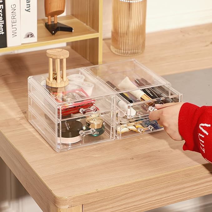 Office Desktop Storage Box,Rectangular Desktop Drawers,Plastic Makeup Storage,Containers Bins With Drawers Desk Organization Pull Out Small craft Storage Case Box Cube,Pack of 1 (Clear, 5 Drawers)