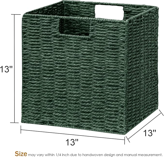 Vagusicc Wicker Storage Basket, Set of 2 Hand-Woven Paper Rope Wicker Basket, Foldable Cube Storage Bins, Square Large Storage Baskets for Organizing Shelves & Decor, Orange (13″×13″×13″)