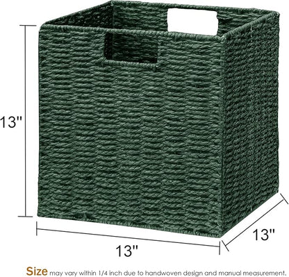 Vagusicc Wicker Storage Basket, Set of 2 Hand-Woven Paper Rope Wicker Basket, Foldable Cube Storage Bins, Square Large Storage Baskets for Organizing Shelves & Decor, Orange (13″×13″×13″)