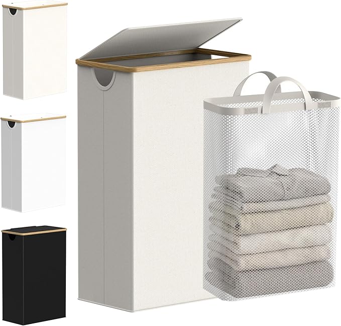 efluky Slim Laundry Basket with Lid, Narrow Laundry Hamper with Removable Bag, Skinny Dirty Clothes Basket with Bamboo Handles for Bathroom, Bedroom & Laundry Room, 75L Beige