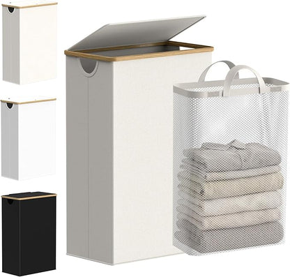 efluky Slim Laundry Basket with Lid, Narrow Laundry Hamper with Removable Bag, Skinny Dirty Clothes Basket with Bamboo Handles for Bathroom, Bedroom & Laundry Room, 75L Beige