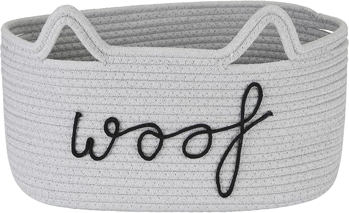 Sea Team Dog Toy Basket with Handles, 16.5 x 11 x 7 Inches, 4.4 Gallons Large Cotton Rope Storage Bin, Box, Shelf Organizer for Pet Chew Toys, Foods, Grey Woof