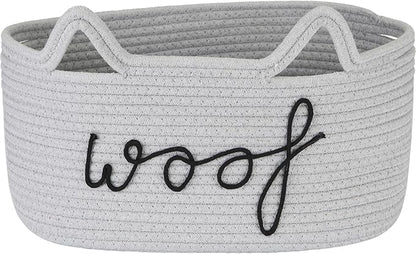 Sea Team Dog Toy Basket with Handles, 16.5 x 11 x 7 Inches, 4.4 Gallons Large Cotton Rope Storage Bin, Box, Shelf Organizer for Pet Chew Toys, Foods, Grey Woof