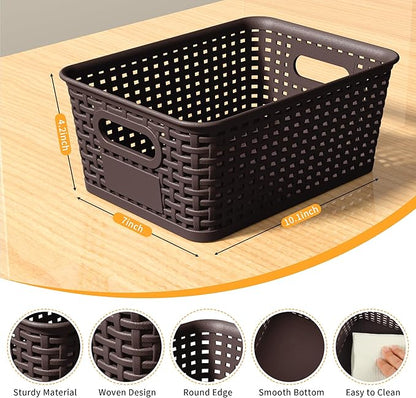 Brown Plastic Storage Baskets - Pack of 8 with Labels Stackable Durable Storage Bins, Storage Containers for Organizing Desktops, Closets, Playrooms, Classrooms, Offices