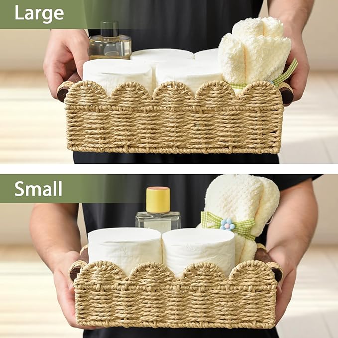 Cute Scalloped Basket, Handwoven Toilet Paper Storage with Built-in Handles, Wicker Basket for Organizing, Decoration and Home(Set of 2)