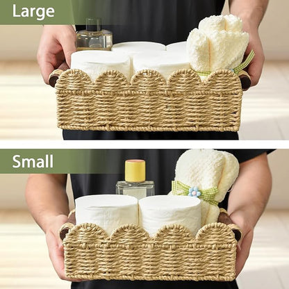 Cute Scalloped Basket, Handwoven Toilet Paper Storage with Built-in Handles, Wicker Basket for Organizing, Decoration and Home(Set of 2)