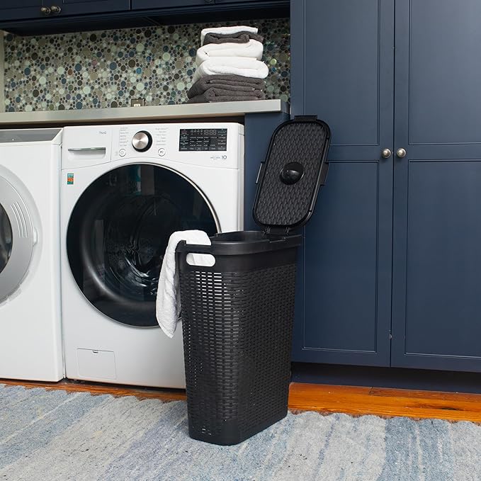Mind Reader Slim Laundry Hamper with Lid, 40L Clothes Basket, Narrow Tapered Design with Ventilated Cutout Pattern, Plastic, Black