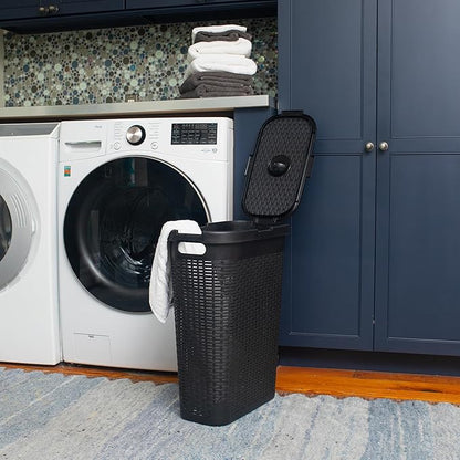 Mind Reader Slim Laundry Hamper with Lid, 40L Clothes Basket, Narrow Tapered Design with Ventilated Cutout Pattern, Plastic, Black