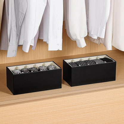 2 Packs Leathers Belt Organizer for Closet and Drawer, Stackable 5 Grids Dresser Drawer Organizers, Belt Tie Holder for Men,Tie Box-Black