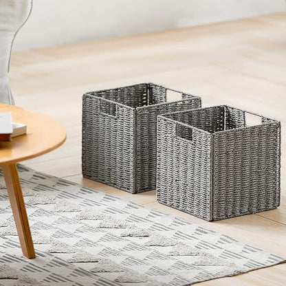 Vagusicc Wicker Storage Basket, Set of 2 Hand-Woven Storage Baskets for Shelves with Handles, Foldable Cube Storage Baskets Bins Organizer 13 inch Large Wicker Baskets for Pantry Bedroom Decor, Grey