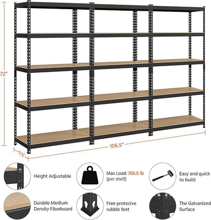 Topeakmart 3PCS 5-Tier Utility Shelves, Metal Storage Shelves Garage Shelving Unit Adjustable Garage Storage Shelves Storage Racks Heavy Duty Shed Shelving- Black, 35.5 x 17.5 x 72 Inch