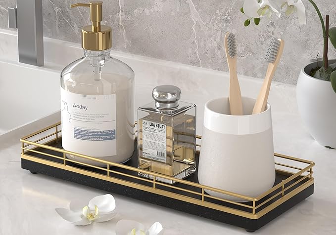 Wooden Decorative Tray, Oak 11.2" L Coffee Table Tray for Kitchen Countertop Soap Sponge Holder Candle Nightstand Table Centerpieces for Dining Room Decor Black Gold