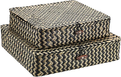 Hipiwe Woven Storage Basket with lid - Flat Wicker Storage Baskets Bins Natural Seagrass Storage Baskets Box for Shelf Home Decor, Set of 2, Blacks Strips