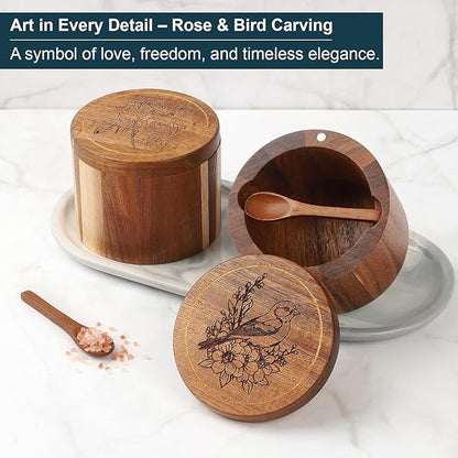 Timtopno Salt Cellar, 2PCS Salt Container Acacia Wood Salt and Pepper Box for Countertop with Built-in Spoon & Swivel Lid, Wood Salt Holder Bowl for Kitchen, Seasoning Storage (Rose & Bird Engraving)