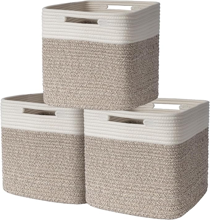 AELS Hand Woven Cotton Baskets for Storage, Cube Storage Bins with Handles, Foldable Collapsible Closet Organizers and Storage, Boho Farmhouse Storage Cubes for Shelves, Beige & Mixed Brown