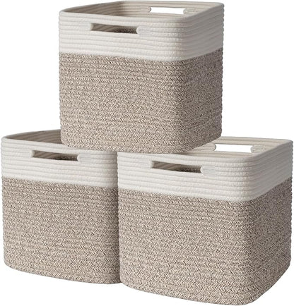 AELS Hand Woven Cotton Baskets for Storage, Cube Storage Bins with Handles, Foldable Collapsible Closet Organizers and Storage, Boho Farmhouse Storage Cubes for Shelves, Beige & Mixed Brown