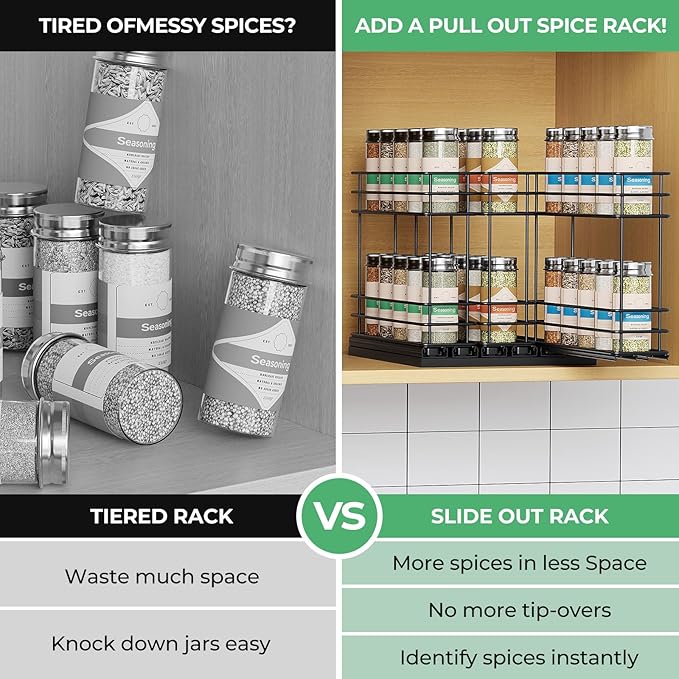 Mystozer Pull Out Spice Rack Organizer for Cabinet, Slide Out Spice Racks, Easy to Install Spice Cabinet Organizers, 7.4" Wx10.43 Dx8.26 H, 3 Drawers 2 Tiers(Black)
