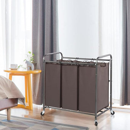 STO STO Laundry Sorter 3 Section, 3 Bag Clothes Hamper, Rolling Laundry Cart Basket with Heavy Duty Lockable Wheels and Removable Bag for Laundry Room, Bedroom, Closet, Brown