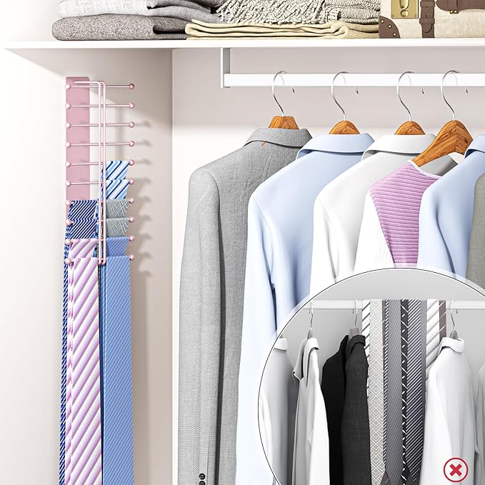 Tie Rack Wall Mounted, Tie Organizer for Men, Tie Rack Hanger for Closet Metal, Adhesive Tie Holder Organizer with 20 Hooks, Tie Storage for Wall Bedroom Living Room Dresser Room (Rose Gold)