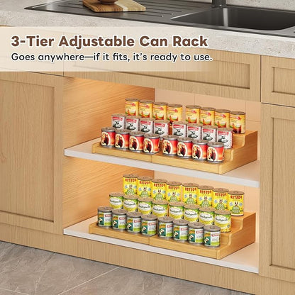 Expandable Bamboo Can Storage Display for Pantry, Easy-Access 3-Tier Adjustable Can Organizer Shelf for Cabinets, Canned Goods & Food Storage, Soda Can Organizer Holds Up to 24 Cans (Patent Pending)