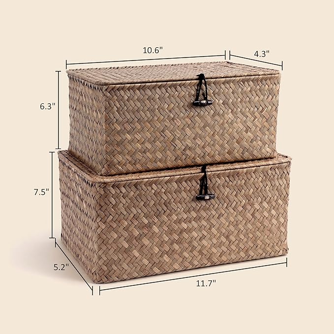 Nonam Storage Basket with Lid, Natural Seagrass Bin with Lid Set of 2, Shelf Baskets Multipurpose Container for Boho Decoration, Rectangular Household Storage Boxes for Home Organization-Coffee