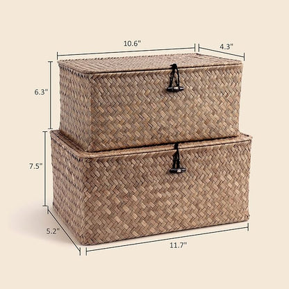 Nonam Storage Basket with Lid, Natural Seagrass Bin with Lid Set of 2, Shelf Baskets Multipurpose Container for Boho Decoration, Rectangular Household Storage Boxes for Home Organization-Coffee