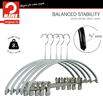 Mawa by Reston Lloyd European Non-Slip Metal Clothing Hanger, Smooth Shoulder Support & Adjustable Pant Clips, Set of 5, Silver