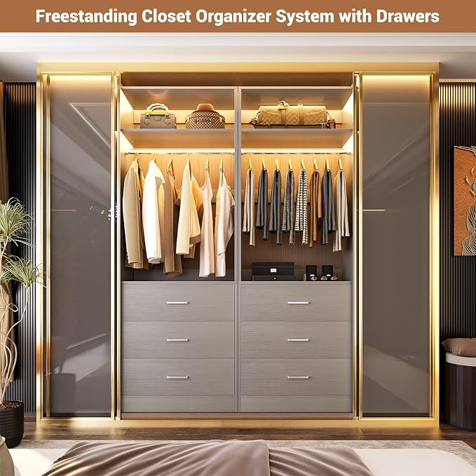 Besiost Closet System Set of 4, 8FT Closet Systems with 12 Wood Drawers, 96" Closet Organizer System with 4 Hanging Rods & 4 Shelves, Heavy Duty 96 Inch Walk-in Closet, Grey (96"L x 15" W x 80" H)