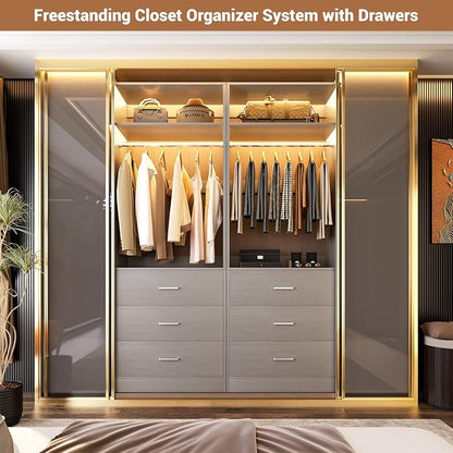 Besiost Freestanding 2FT Closet System with 3 Wood Drawers, 24" Closet Organizer System with Hanging Rod & Shelves, Walk-in Closet Systems for Small Closets, Grey (24"L x 15" W x 80" H)