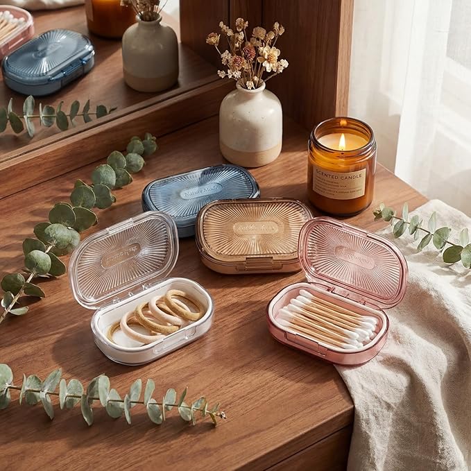 Kigley 4 Pcs Hair Tie Container Small Portable Travel Cotton Swab Holder Dispenser with Lid Plastic Box Storage Containers for Small Items, 3.94 x 2.76 Inch (4 Colors)
