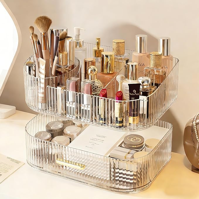 Makeup Organizer with 360° Rotating Brush Holder and Stackable Drawers, Cosmetic Display Case for Vanity, Bathroom Countertop (Clear, 2 Layer)