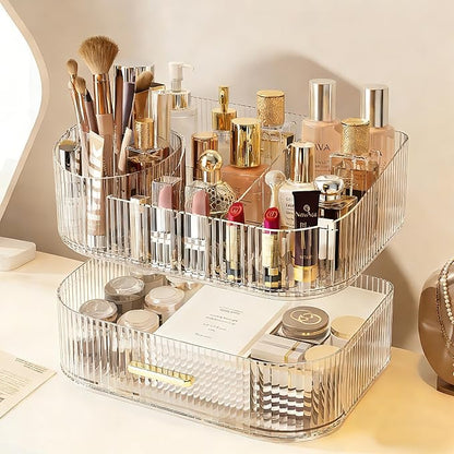 Makeup Organizer with 360° Rotating Brush Holder and Stackable Drawers, Cosmetic Display Case for Vanity, Bathroom Countertop (Clear, 2 Layer)