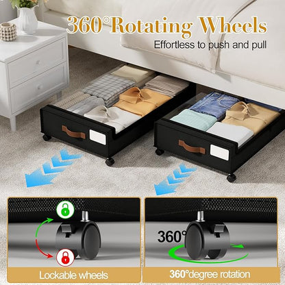 Yecaye Under Bed Storage with Wheels, 2 Pack Under the Bed Storage Containers with Lids & Label, XXL 60L Rolling Underbed Storage Drawers for Clothes, Blankets, Shoes, Black