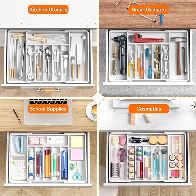 RoomHacks Large Silverware Organizer,Expandable Utensil Drawer Organizer,BPA Free Utensil Holder,Adjustable Silverware Tray Cutlery Drawer Organizer for Kitchen Flatware,Large,White,2 Pack