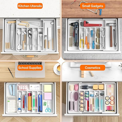 RoomHacks Large Silverware Organizer,Expandable Utensil Drawer Organizer,BPA Free Utensil Holder,Adjustable Silverware Tray Cutlery Drawer Organizer for Kitchen Flatware,Large,White,2 Pack