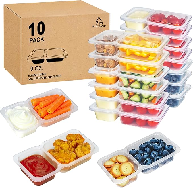 MACTANO Reusable Snack Containers with Lids, 9 oz Double Compartment Plastic Snack Pack Containers Portion Control Meal Prep Snack Boxes BPA Free 10 Sets for Work Travel School