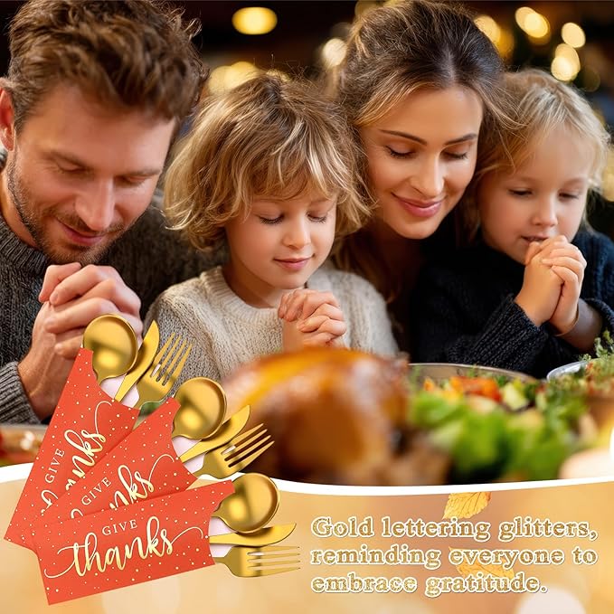 Eaasty 100 Pcs Thanksgiving Utensil Holder, Gold Foil Give Thanks Silverware Bag Disposable Silverware Sleeves Cutlery Holder for Thanksgiving Table Decoration Fall Harvest Party Supplies(Orange)
