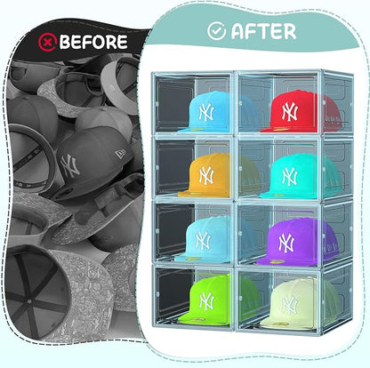 SCAVATA 6 Pack Hat Organizer Box, Stackable Clear Baseball Caps Holder Box Containers with Magnetic Door for Hats Snapback Cap Storag, Hat Rack Display Case, Holds 8 Hats Each (Blue)