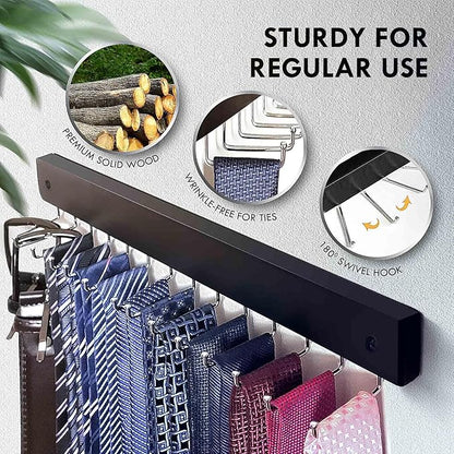 2-Pack Tie Rack Wall Mounted, Wooden Belt Hanger Tie Organizer for Closet with 28 Folding Hooks, Space Saving Tie Holder and Belt Rack for Closet Wall Mount, Black