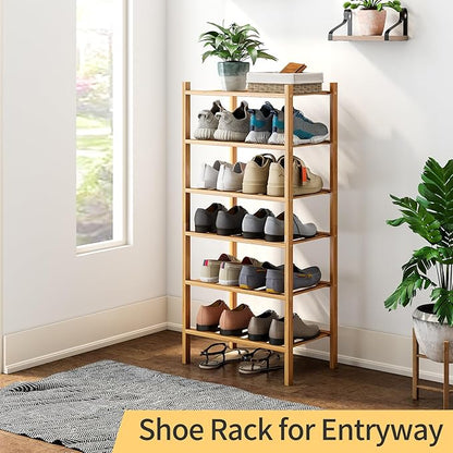 6-Tier Small Shoe Rack for Entryway, Stackable | Heavy Duty | Multi-Function, Bamboo Free Standing Shoe Racks for Bedroom Hallway Closet