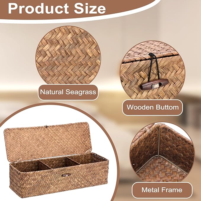 Hipiwe Handwoven Seagrass Storage Basket with Lid Rectangular Toilet Paper Holder 3 Sections Home Organizer Bin for Bathroom Shelf Kitchen
