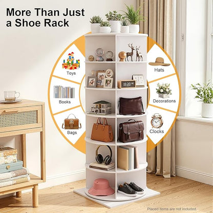360° Rotating Shoe Rack Tower - Spinning Shoe Organizer for Entryway, Free Standing Lazy Susan Shoe Rack (6 Tiers 23.62 * 23.62 * 56.2in White)