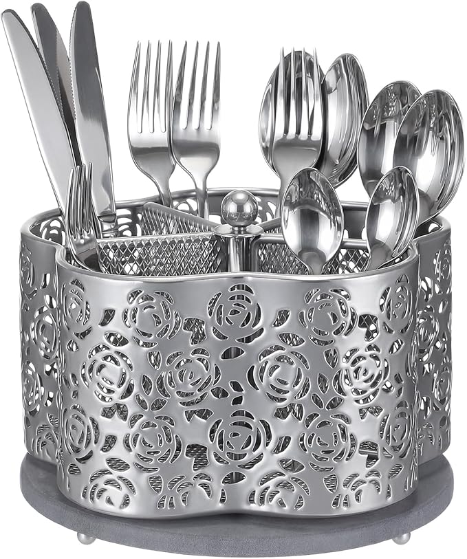 360 Degree Rotating Utensil Caddy Silverware Cutlery Caddy Holder with 5 Compartment Kitchen Countertop Organizer for Spoon Fork Flatware Storage for Home or Outdoor Picnic Camping(Silver)