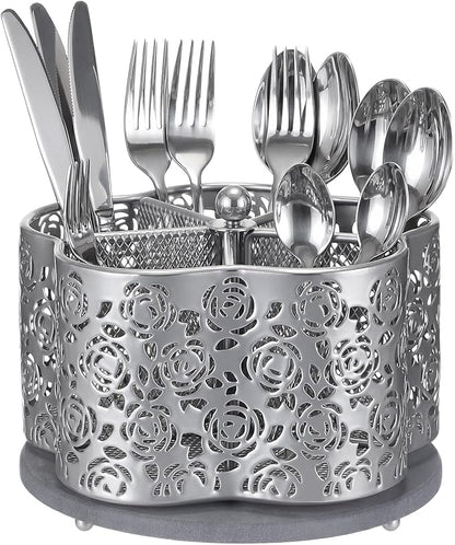 360 Degree Rotating Utensil Caddy Silverware Cutlery Caddy Holder with 5 Compartment Kitchen Countertop Organizer for Spoon Fork Flatware Storage for Home or Outdoor Picnic Camping(Silver)